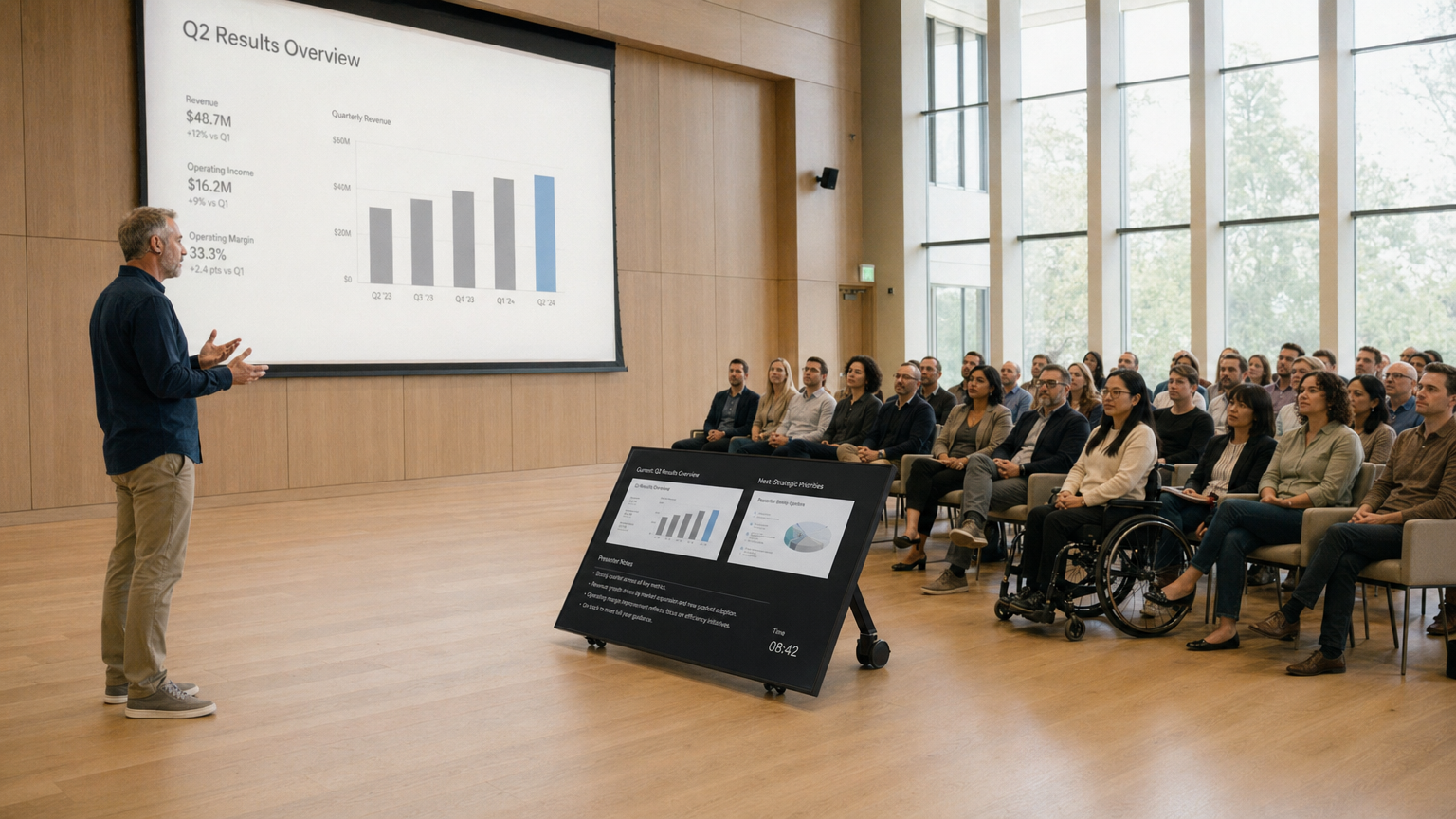 A modern meeting room with Heckler AV products supporting a video collaboration space.